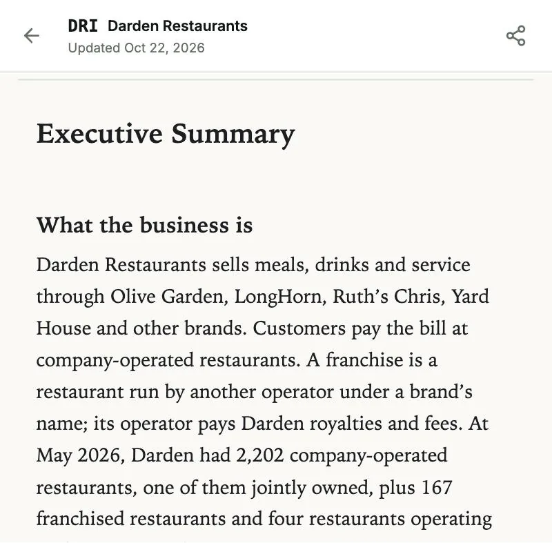 Darden Restaurants — the full report: its first page, as the blog shows it