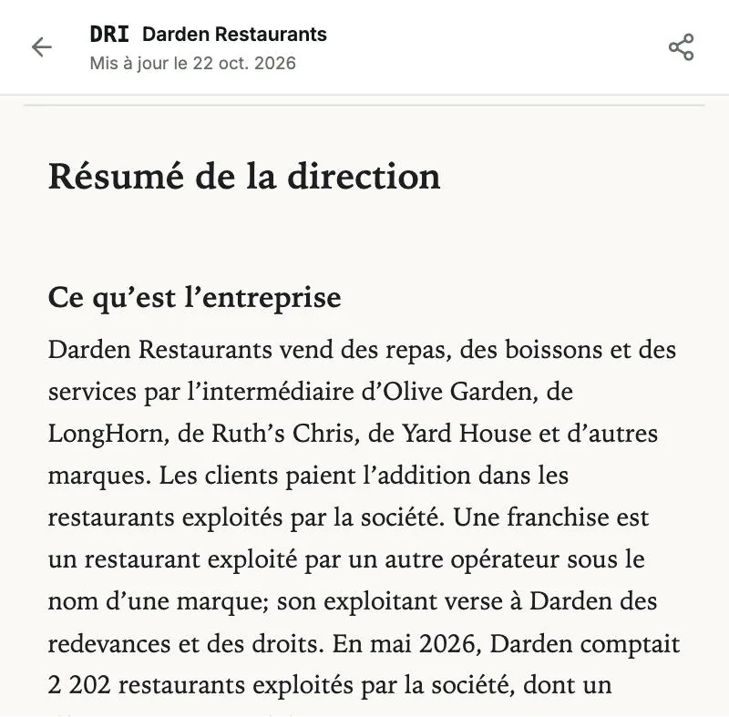 Darden Restaurants — le rapport complet&nbsp;: sa première page, telle que le blogue l’affiche